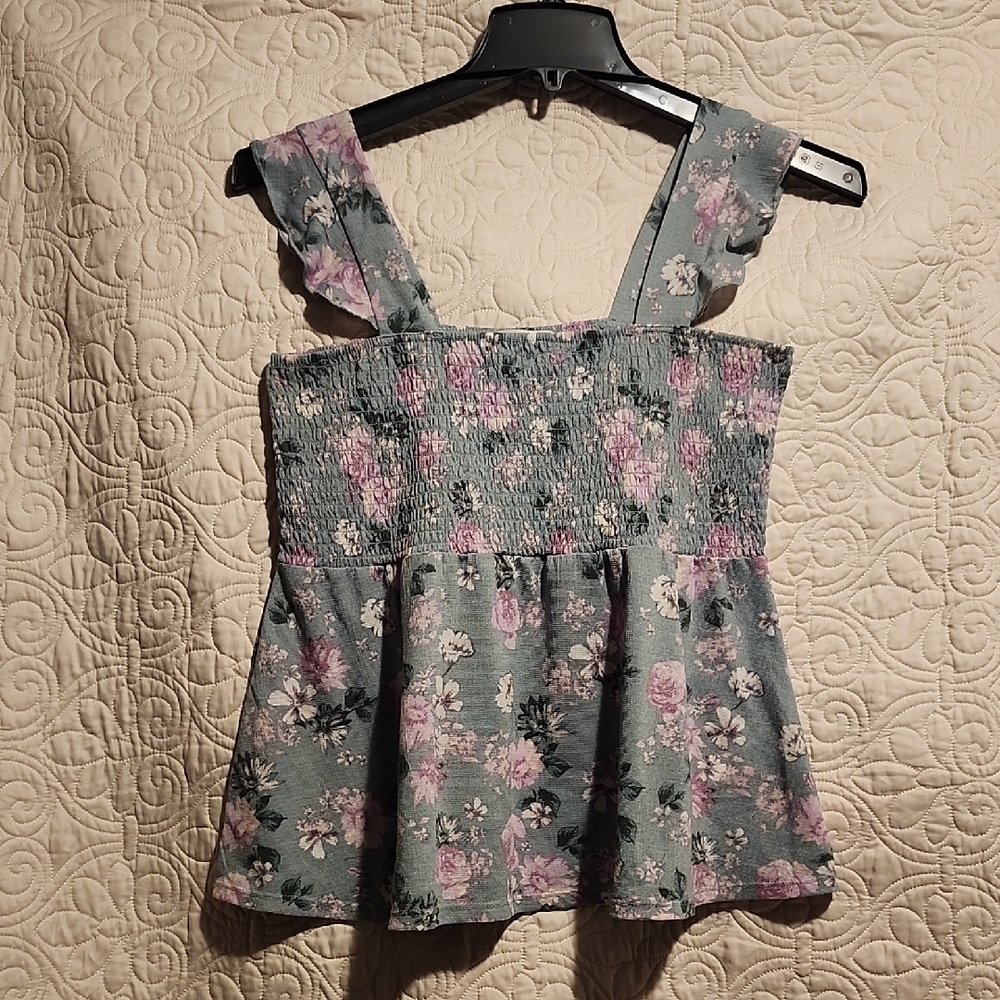 Floral Ruffle Strap Blouse in Blue and Pink